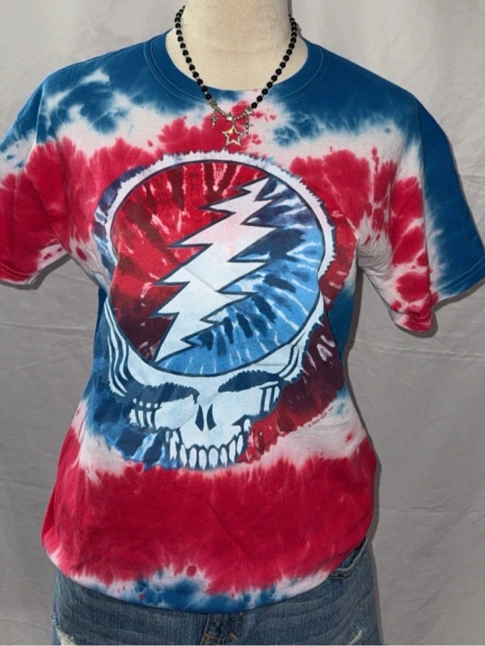 Liquid Blue Tie-Dye Skull Lightning Tee - Red, Blue & White Grateful Dead